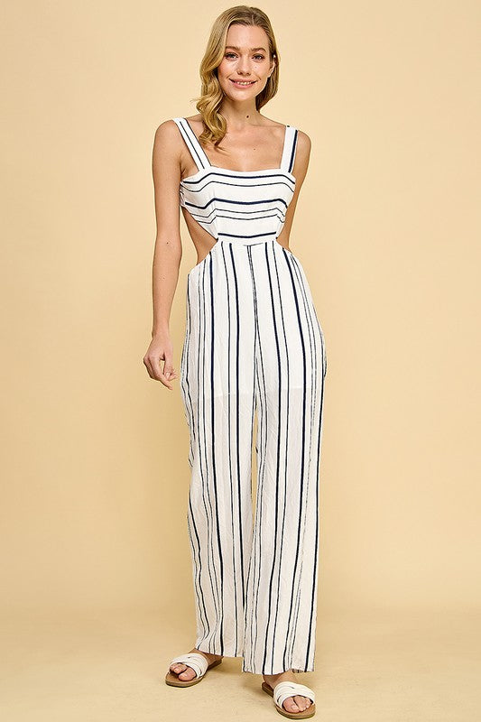 Striped Cutout Wide-Leg Jumpsuit - White/Navy