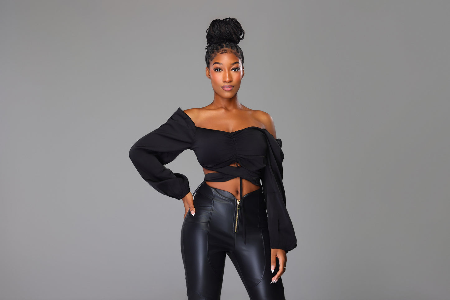 Long Sleeve Black Flowy Cross Blouse