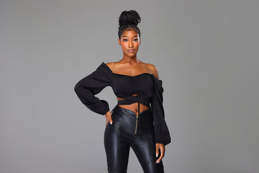 Long Sleeve Black Flowy Cross Blouse