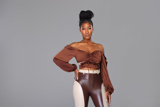 Long Sleeve Brown Flowy Cross Blouse