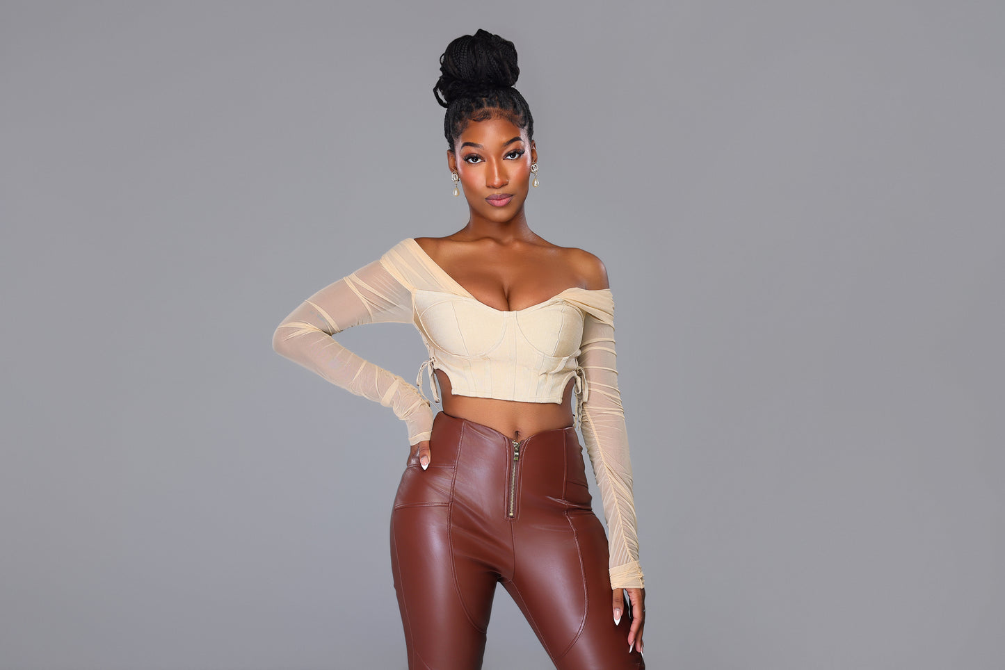 Long Sleeve Sand Crop Bandage Blouse