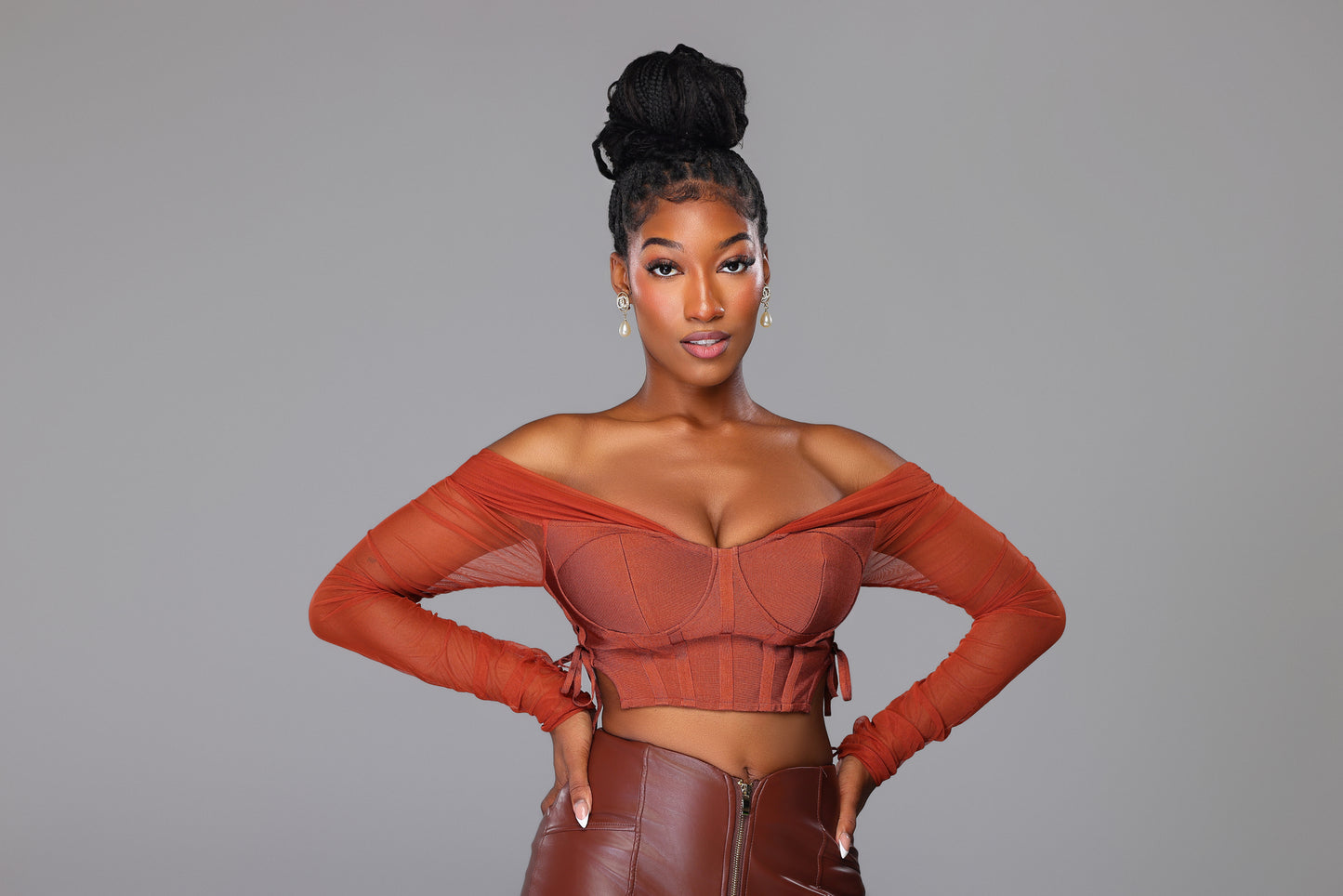 Long Sleeve Bronze Crop Bandage Blouse