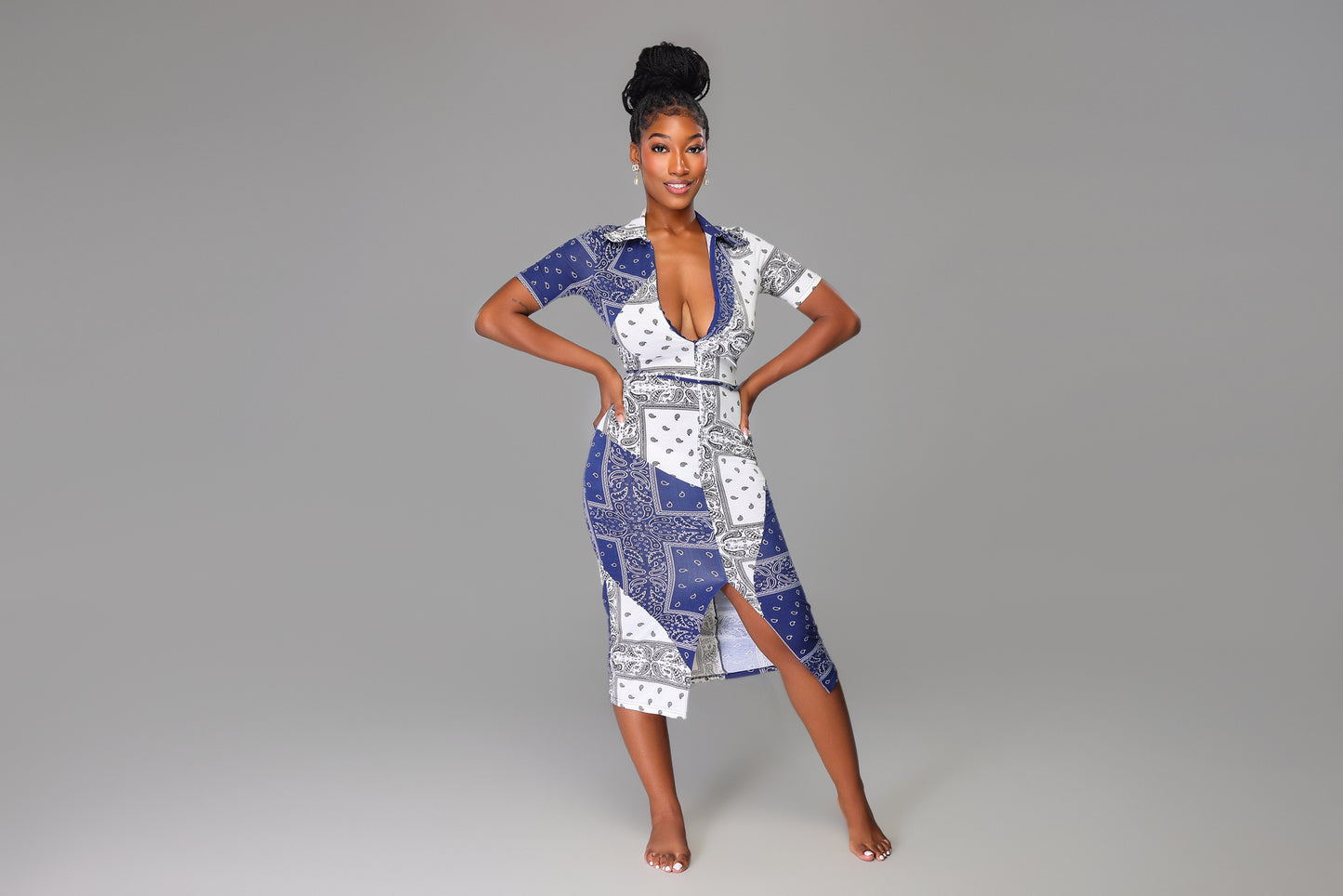 Maxi Collar Blue White Bandana Dress