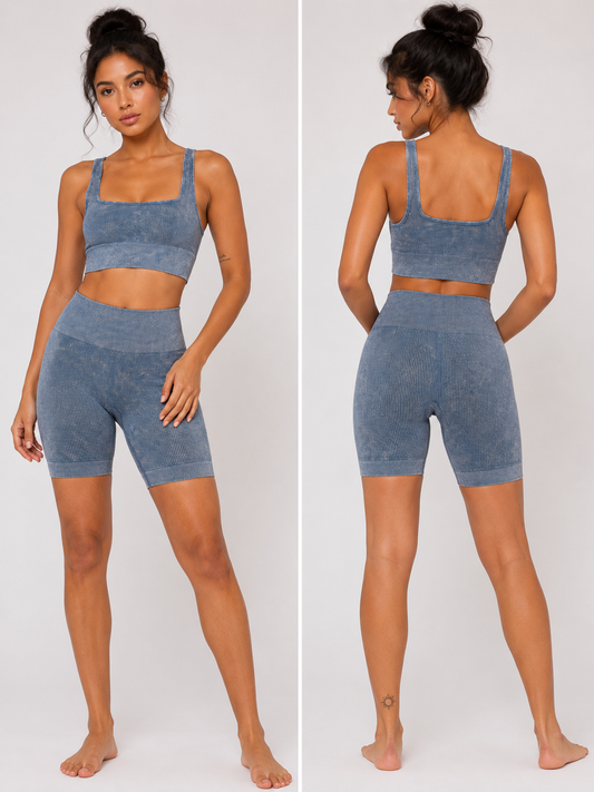 Blue Mineral Wash crop ribbed workout set