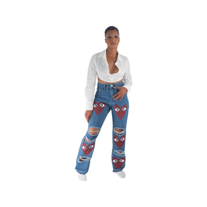 Cutout Red Eye Heart Ripped Jeans