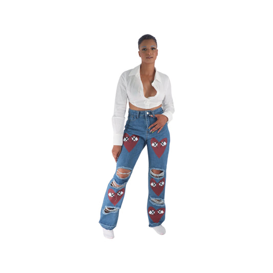 Cutout Red Eye Heart Ripped Jeans