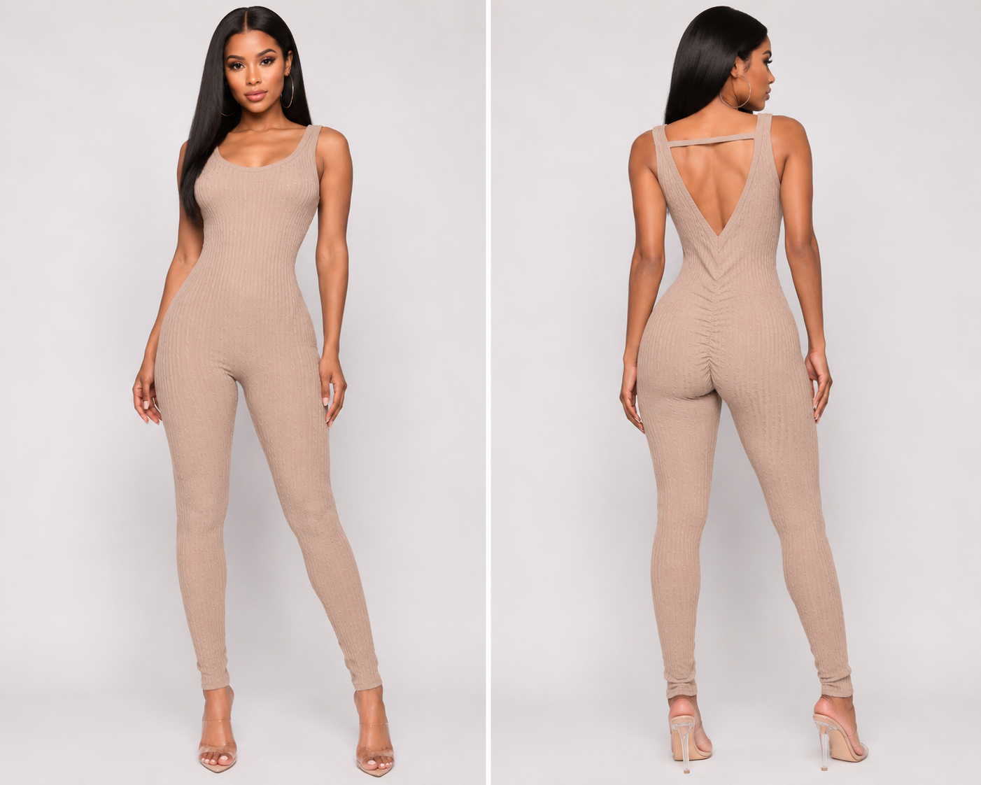 Camel Tan Cable Ribbed Backless Jumpsuit