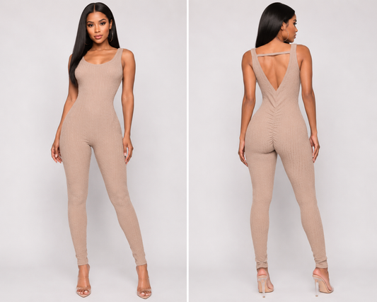 Camel Tan Cable Ribbed Backless Jumpsuit