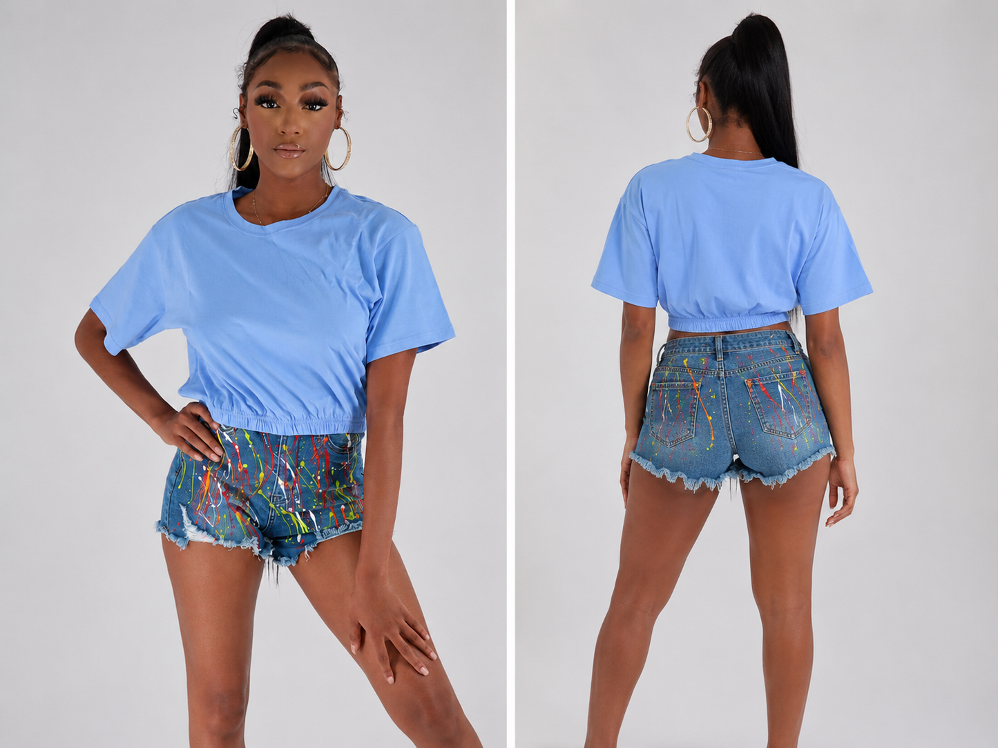 Blue smocked Crop Tee