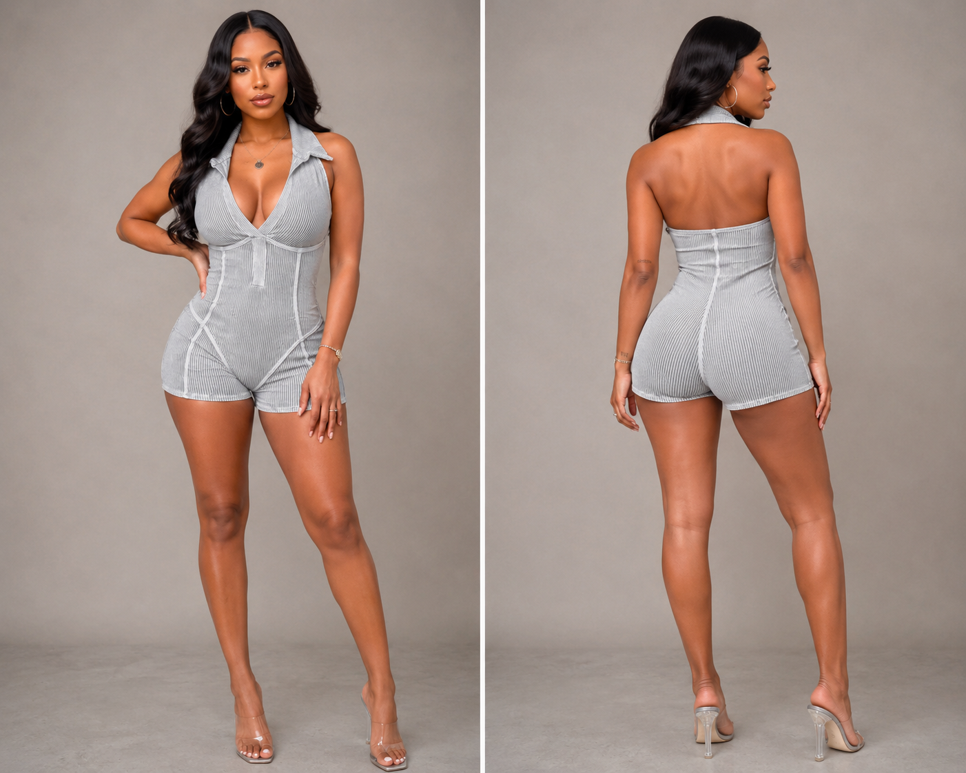 Grey Mineral Wash Halter Ribbed Romper