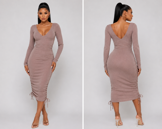 Taupe V Line Long sleeve Runch Dress