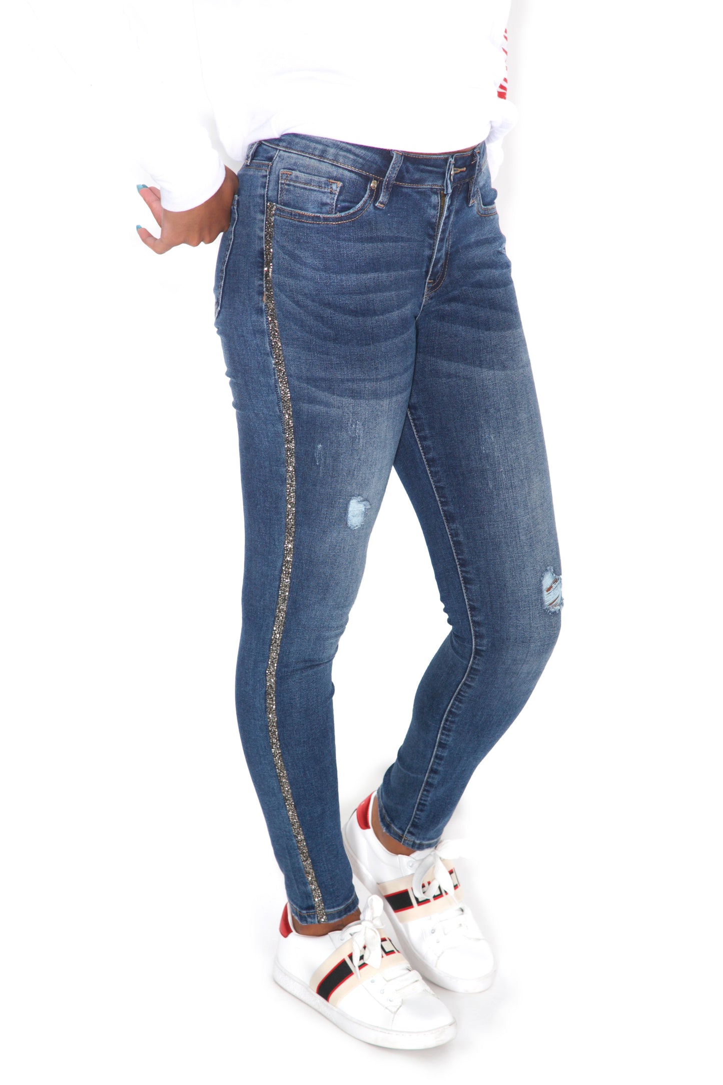 Blue Crystal Stripe Rhinestone Skinny Jeans