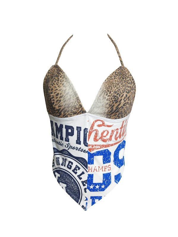 Leopard Print & Graphic Halter Women Top