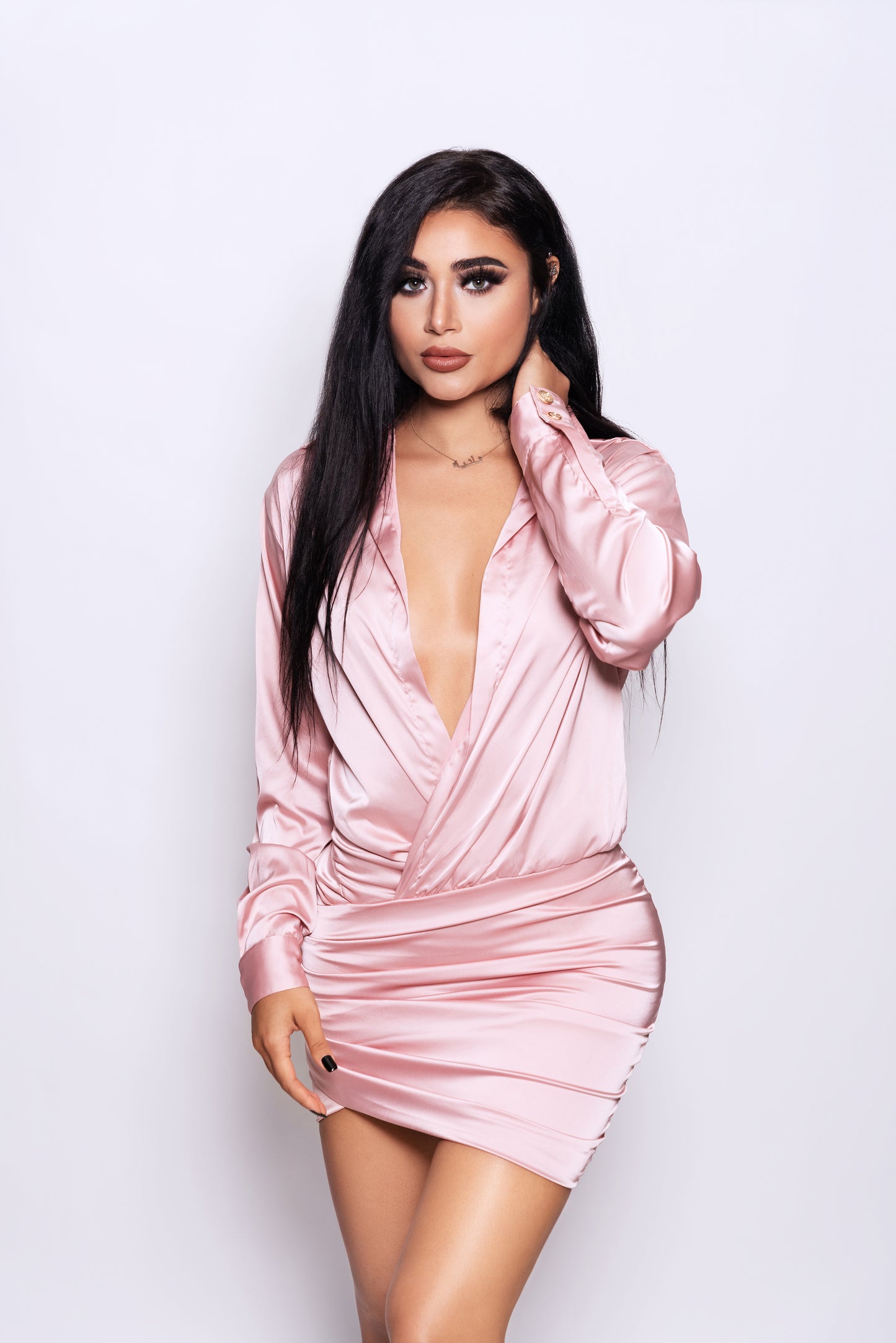 Pink Satin Long Sleeve Wrap Dress