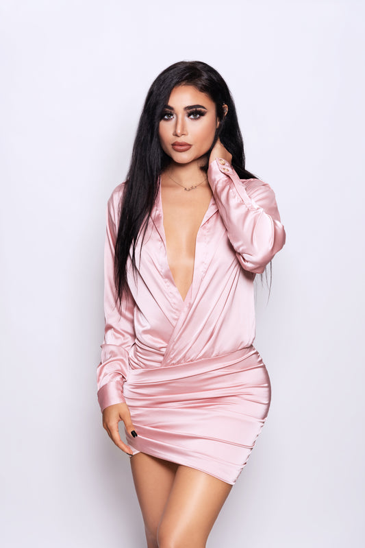 Pink Satin Long Sleeve Wrap Dress