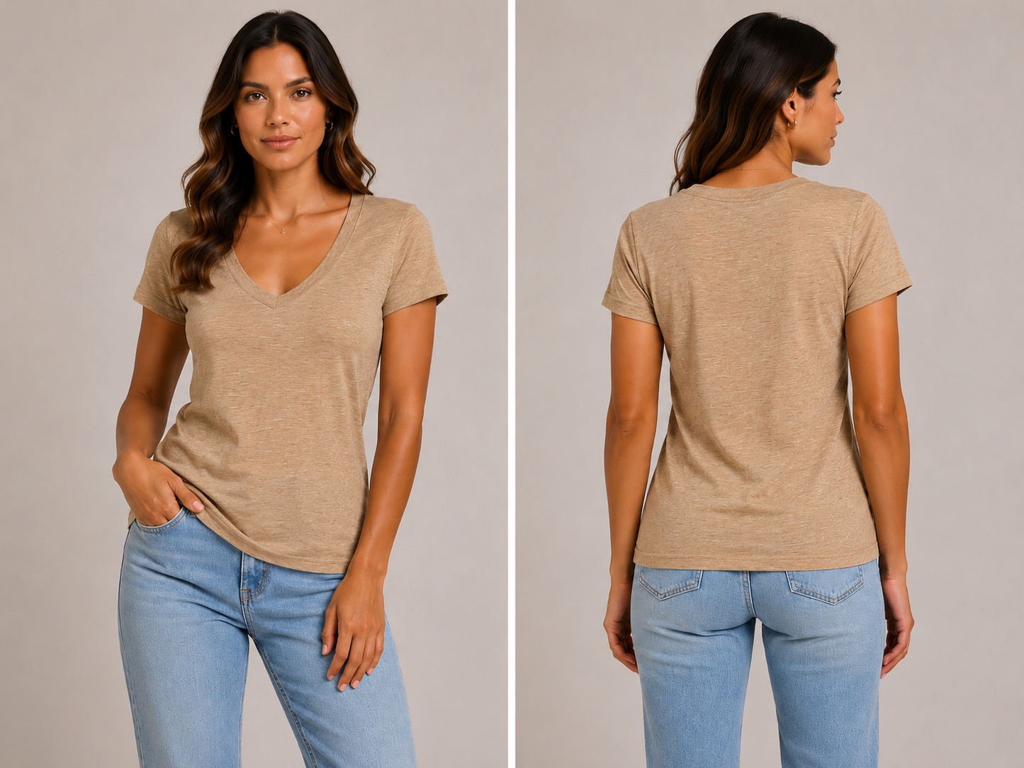 Basic Oatmeal V neck Tee