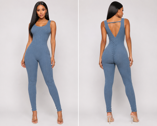 Dusty Blue Cable Ribbed Backless Jumpsuit