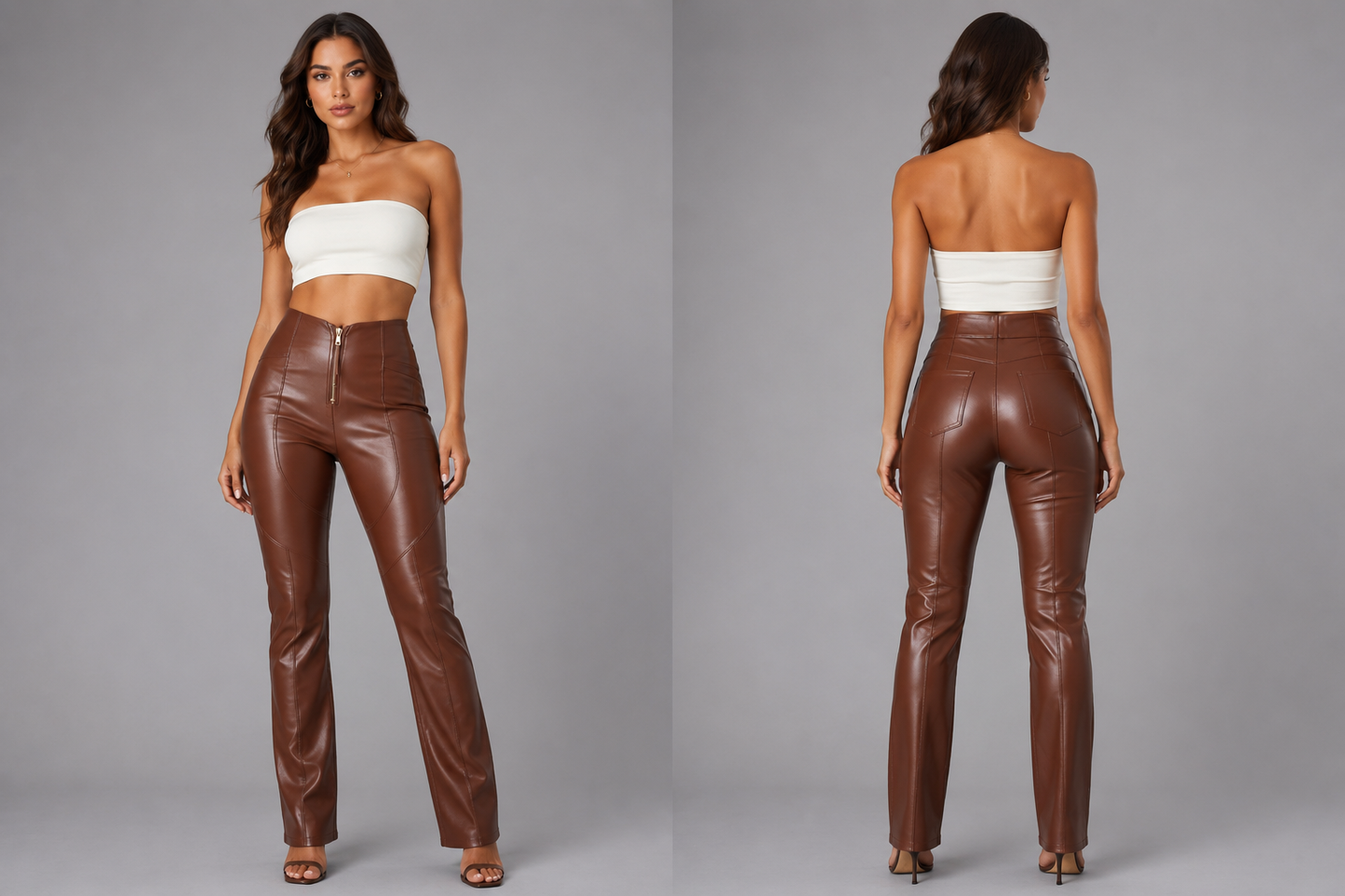 Brown Vegan Leather Zip Pants