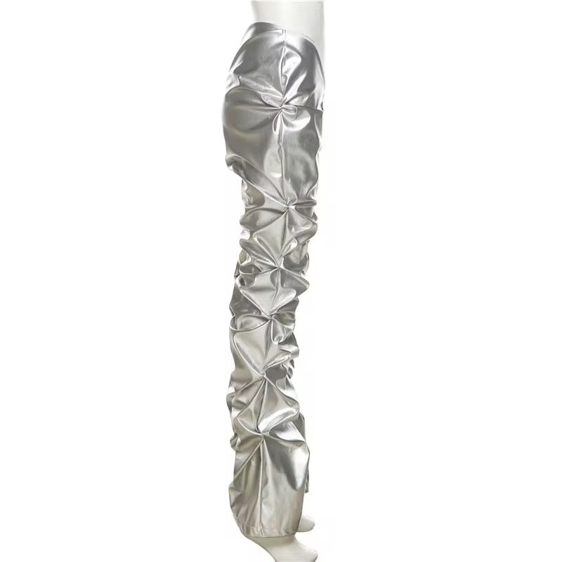 Silver Vegan Leather Runched Pants