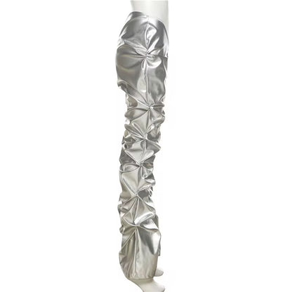 Silver Vegan Leather Runched Pants