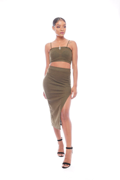 Olive Crop Slit Skirt Set