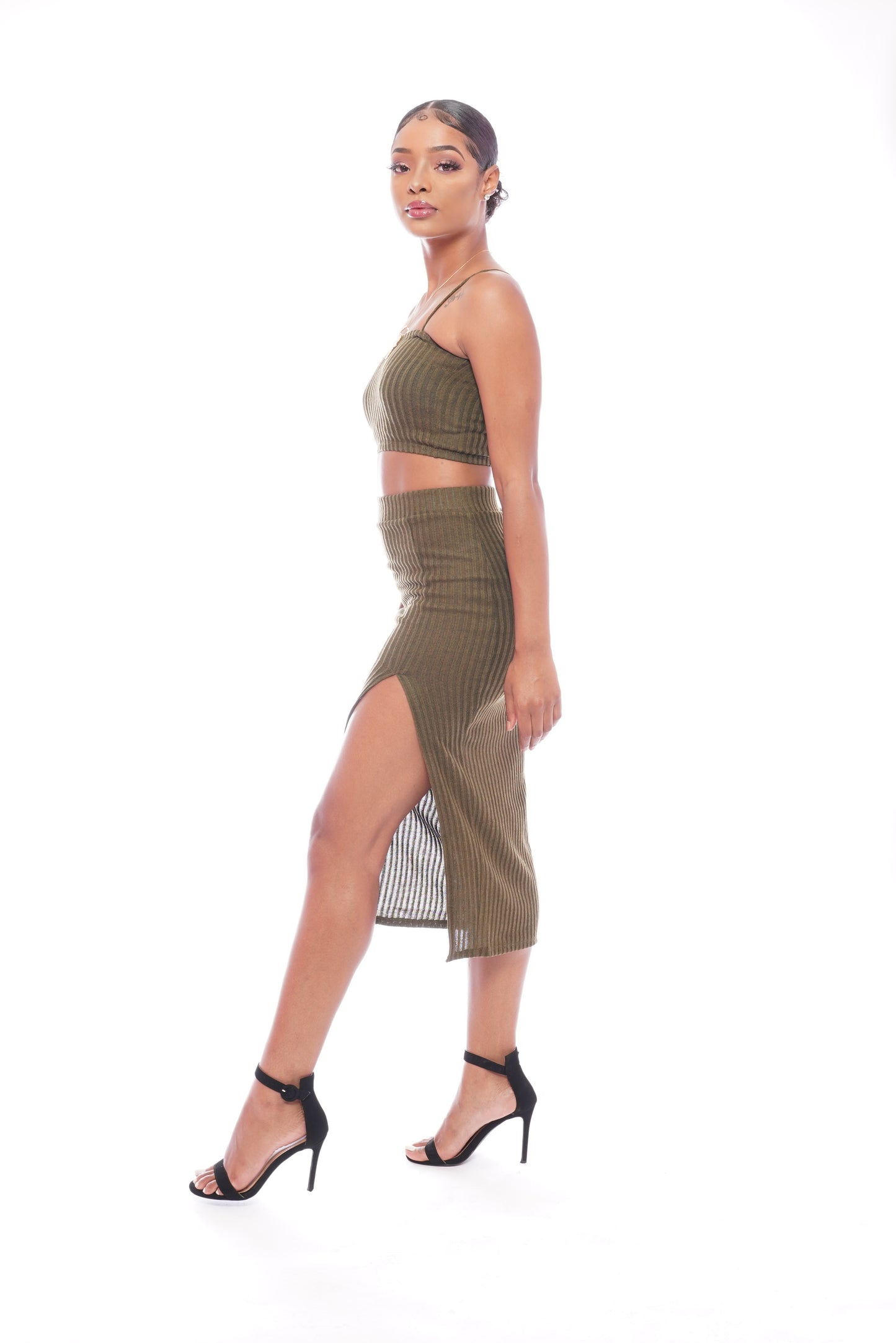 Olive Crop Slit Skirt Set