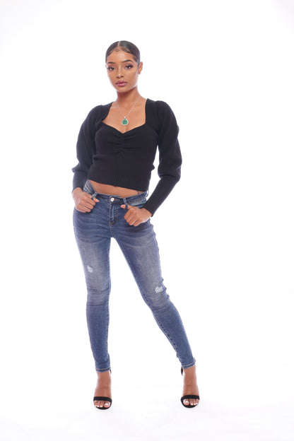 Black Slouch Ribbed Crop Sweater