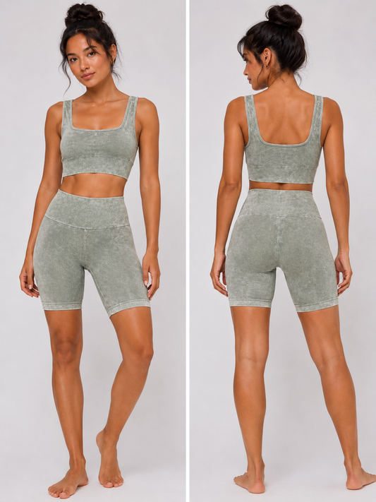 Sage Mineral Wash crop ribbed workout set