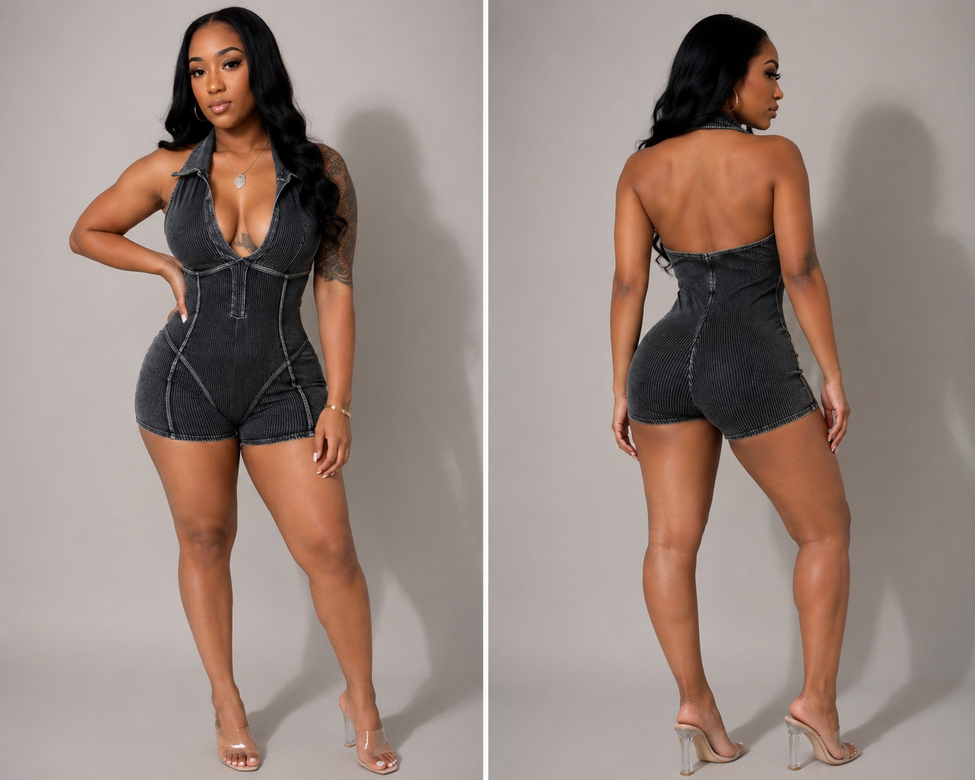 Black Mineral Wash Halter Ribbed Romper