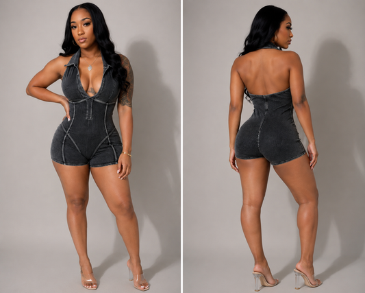 Black Mineral Wash Halter Ribbed Romper
