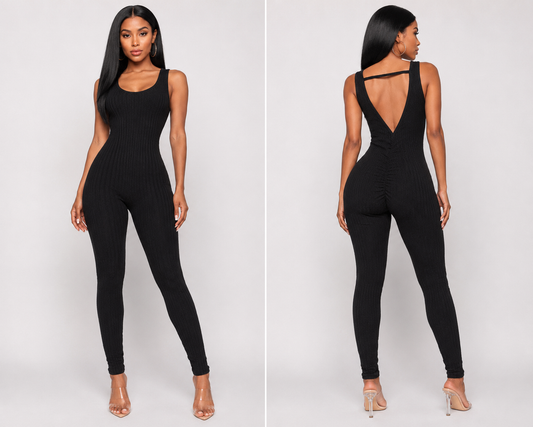 Black Cable Ribbed Backless Jumpsuit
