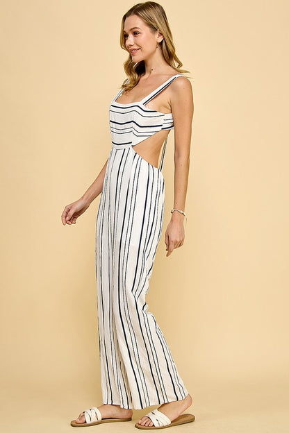 Striped Cutout Wide-Leg Jumpsuit - White/Navy
