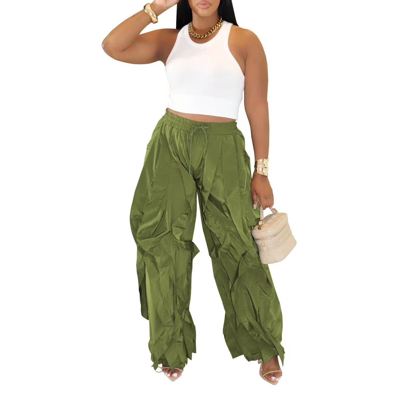 Green drawstring ruffle Pants