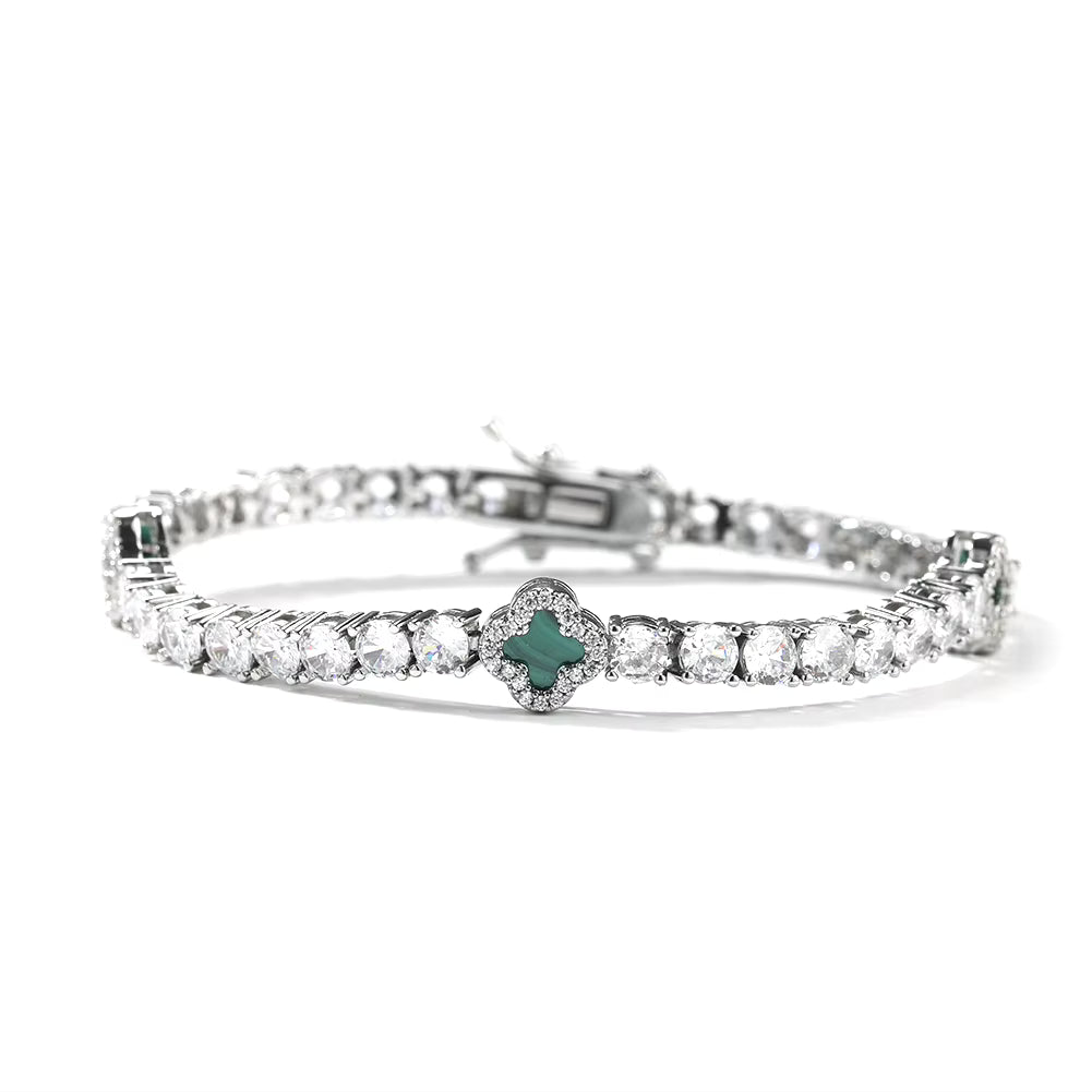 Silver Green Small Clover Tennis Bracelet