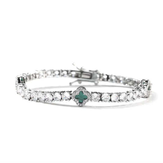 Silver Green Small Clover Tennis Bracelet