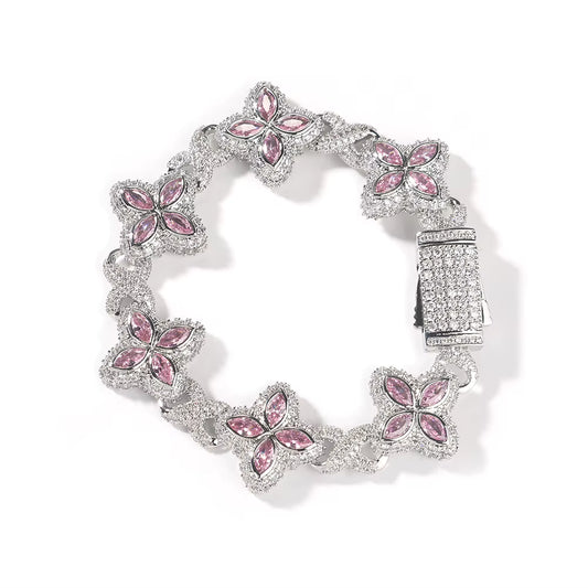 Silver Pink Flower Crystal Bracelet