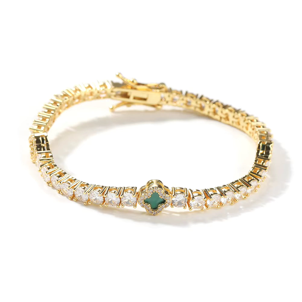 Gold Green Small Clover Tennis Bracelet