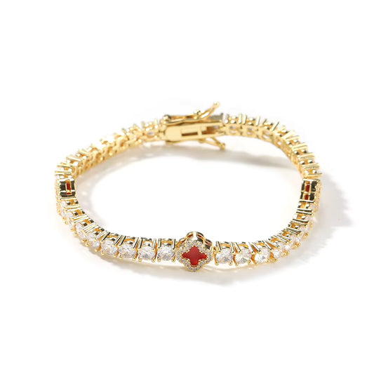 Gold Red Small Clover Tennis Bracelet