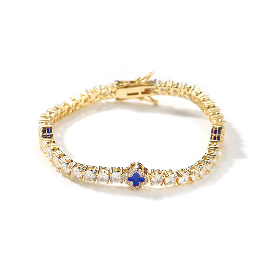 Gold Blue Small Clover Tennis Bracelet