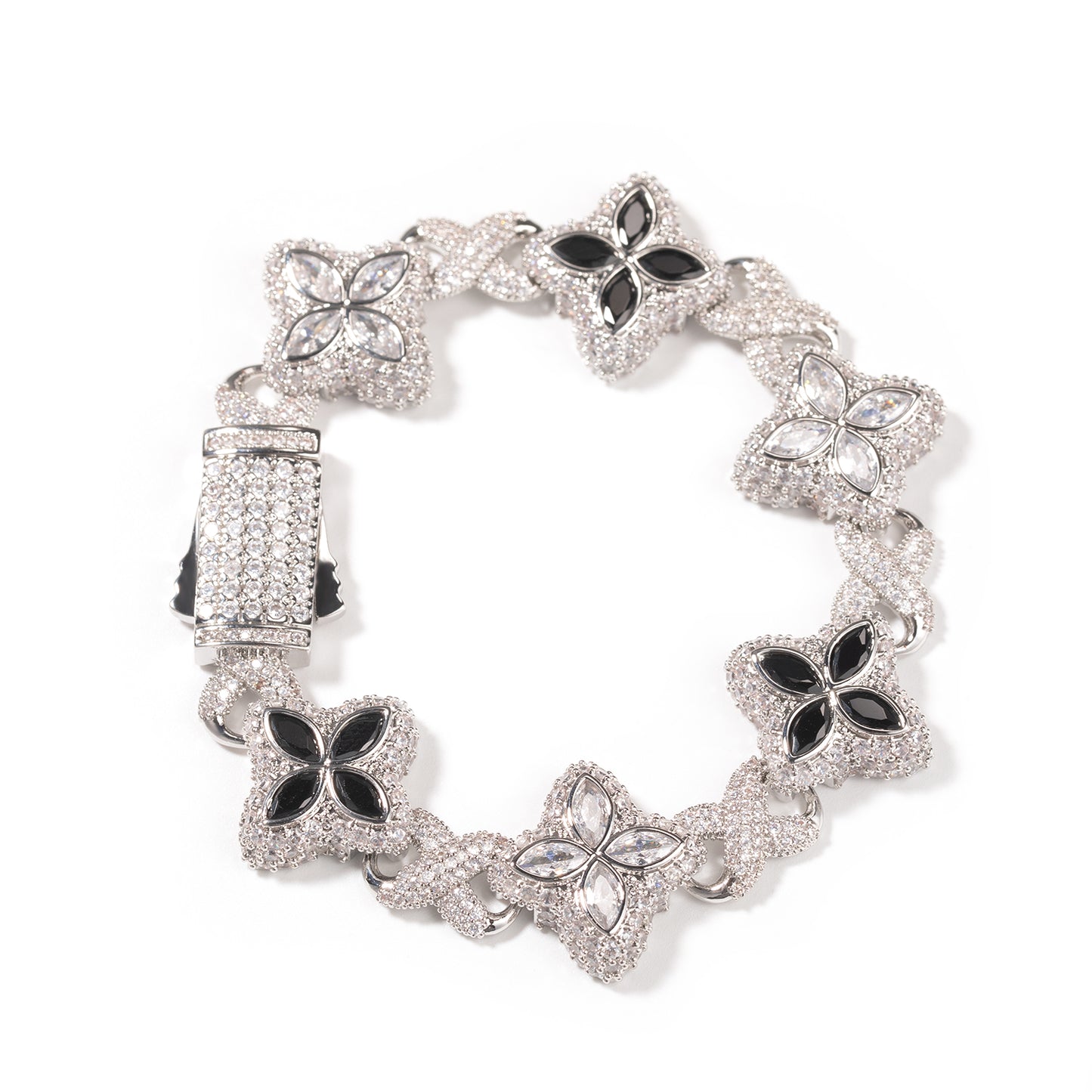 Silver Black Two Tone Flower Crystal Bracelet