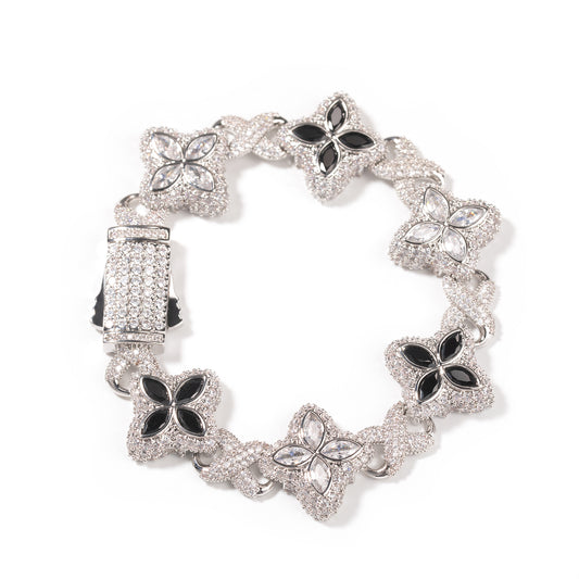 Silver Black Two Tone Flower Crystal Bracelet