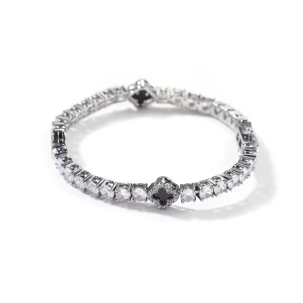 Silver Black Small Clover Tennis Bracelet
