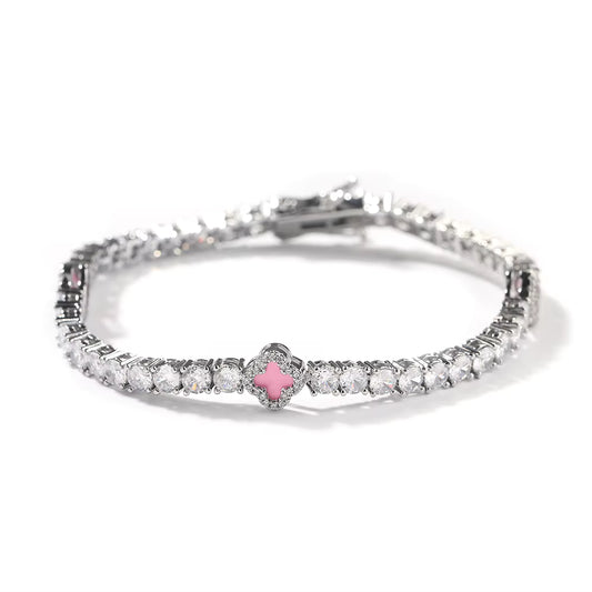 Silver Pink Small Clover Tennis Bracelet