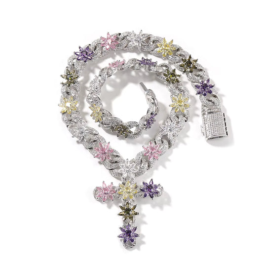 Silver Multicolor Flower Cross Necklace