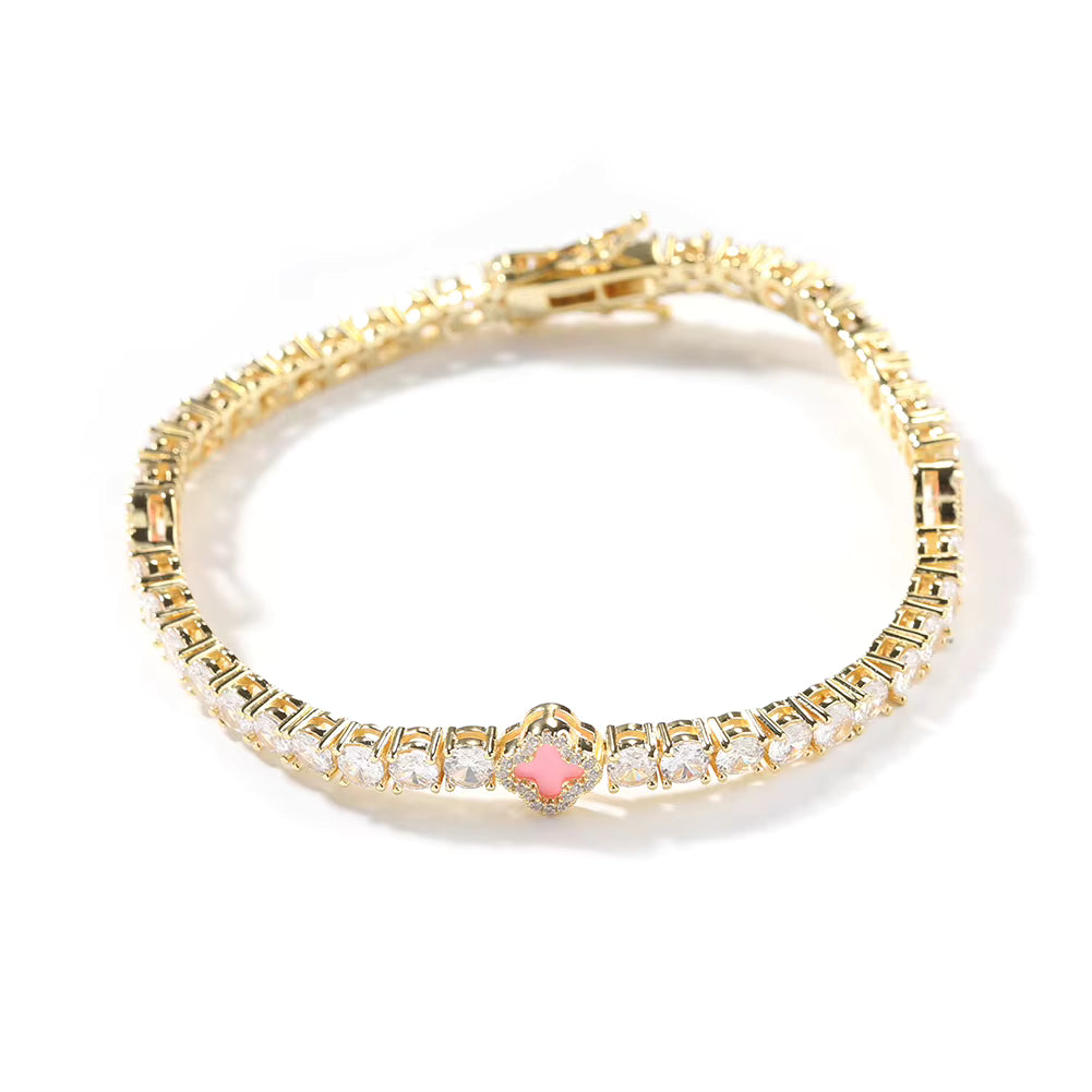 Gold Pink Small Clover Tennis Bracelet