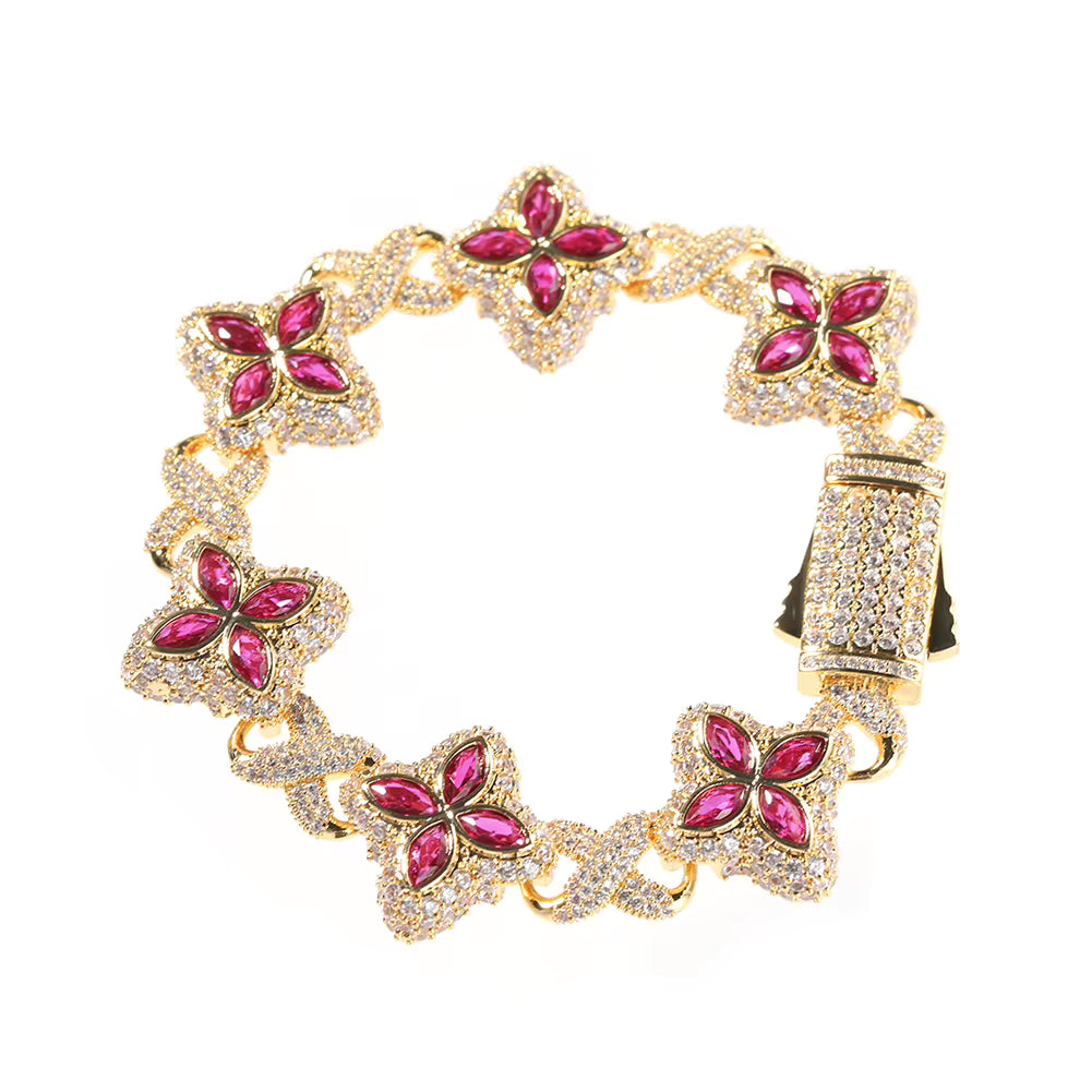 Gold Hot Pink Flower Crystal Bracelet