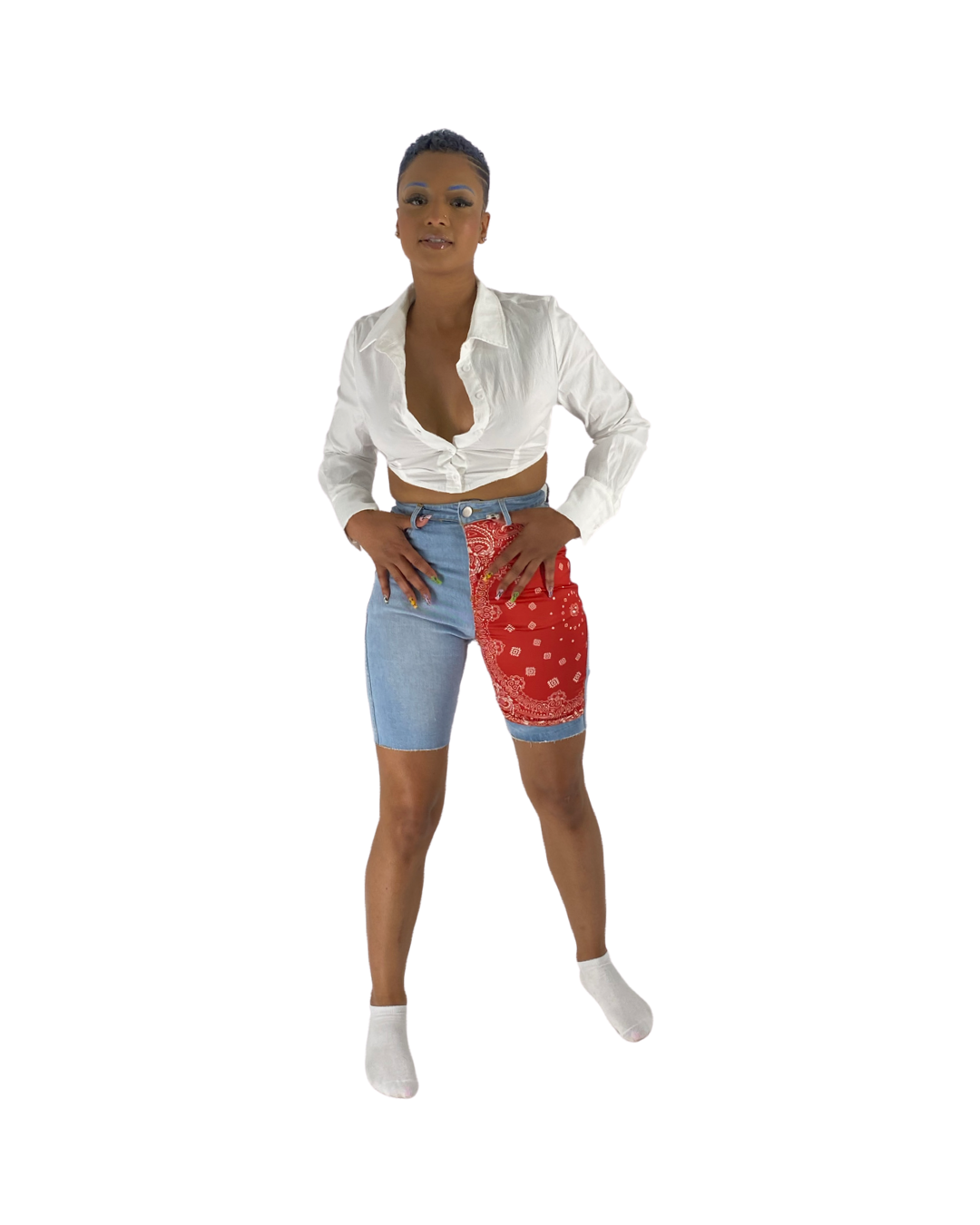 Red Bandana denim Capri Shorts
