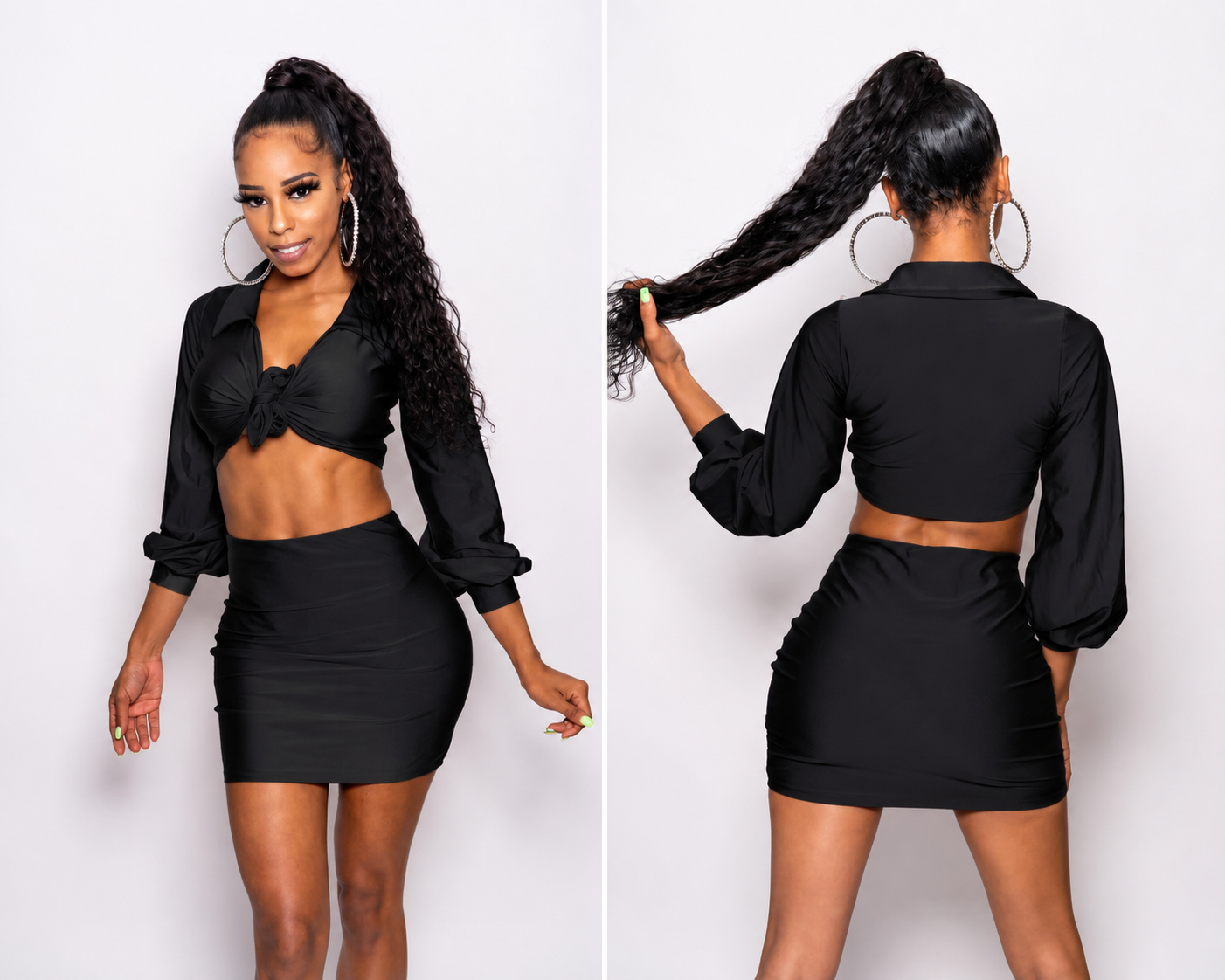 Black crop tie shirt & skirt set