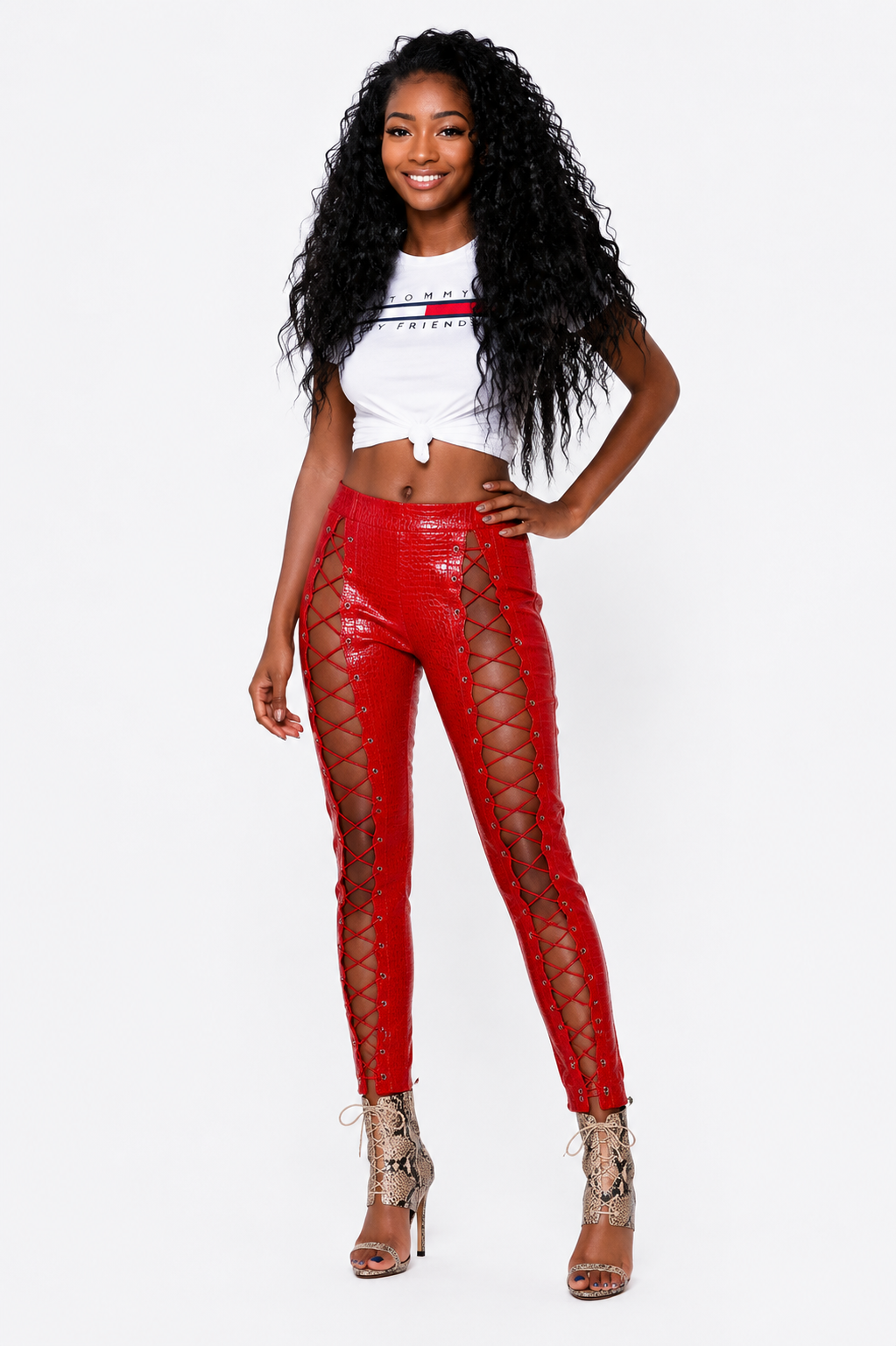 Red Faux Leather Lace Up Pants