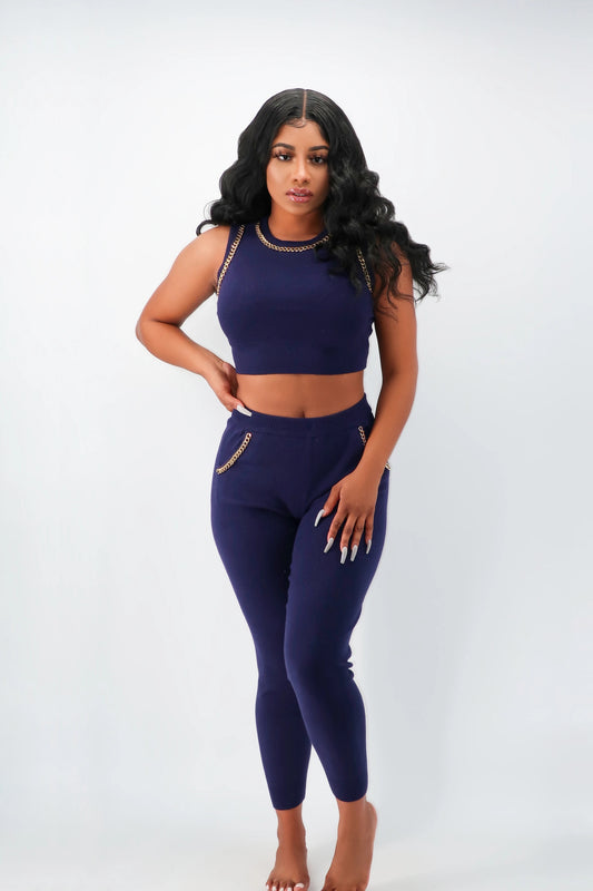 Navy Cuban Chain Sweater Pants Set